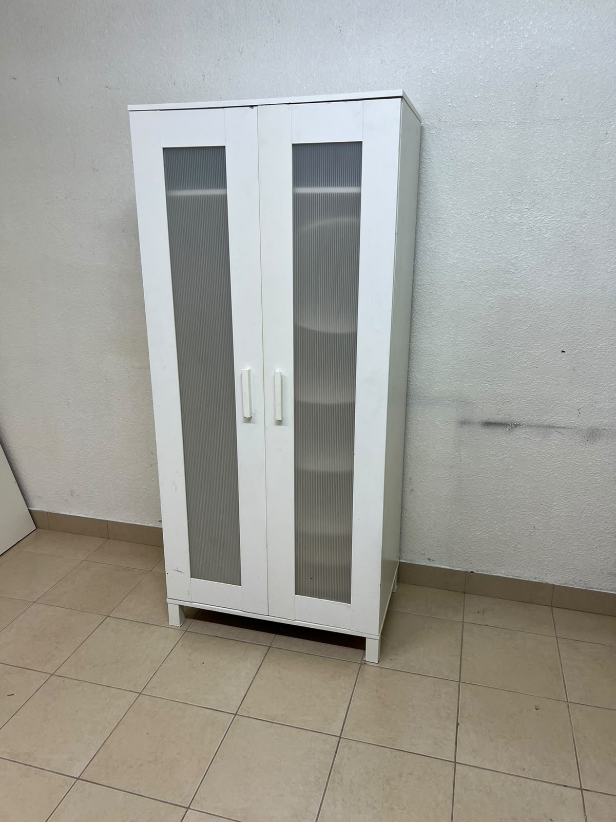 This product is a white wardrobe featuring two doors with striped glass panels (similar to the IKEA "Aneboda" style or comparable two-door wardrobes). - Image 5