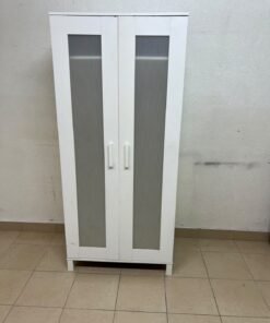 This product is a white wardrobe featuring two doors with striped glass panels (similar to the IKEA "Aneboda" style or comparable two-door wardrobes).