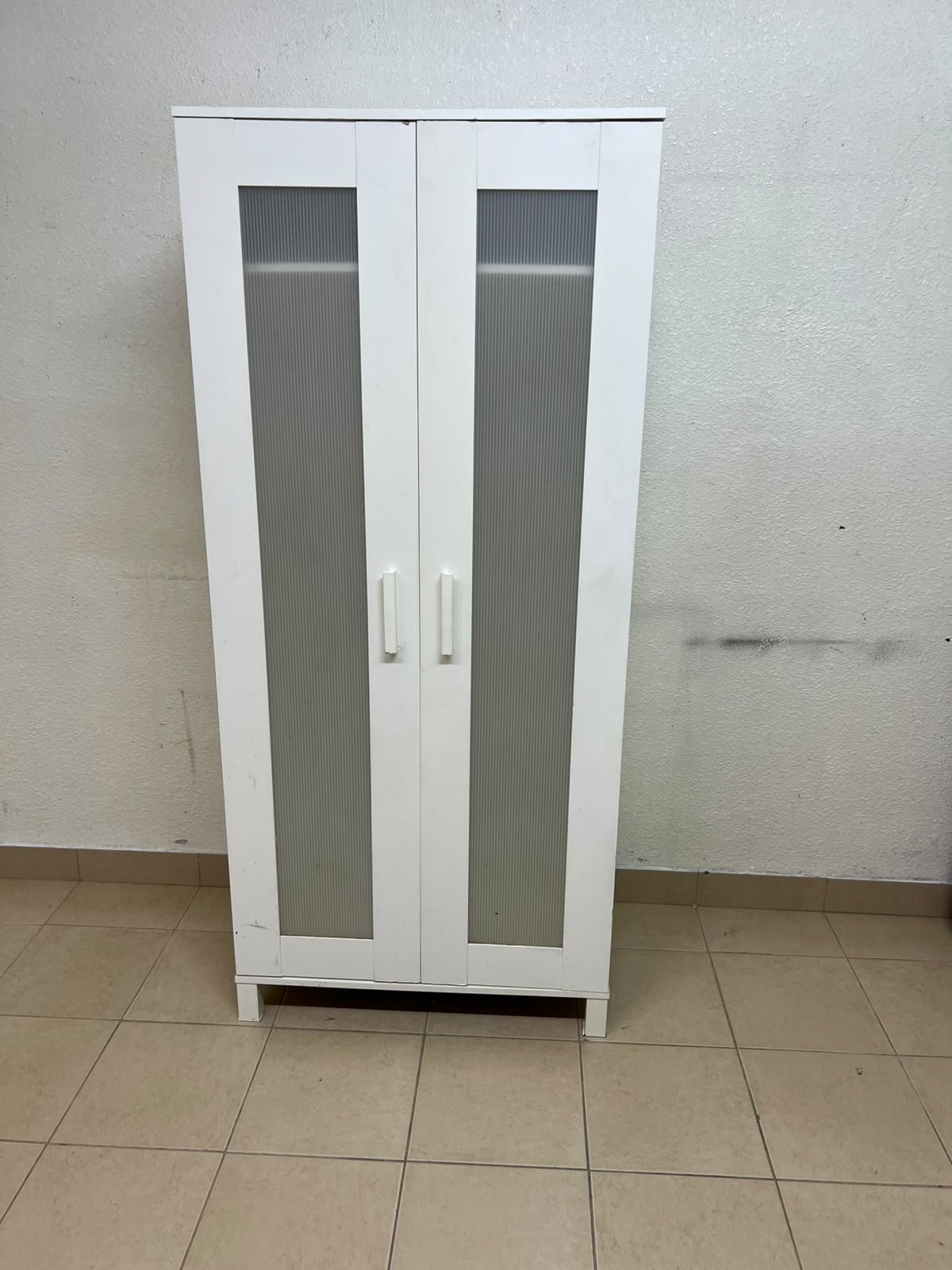This product is a white wardrobe featuring two doors with striped glass panels (similar to the IKEA "Aneboda" style or comparable two-door wardrobes).