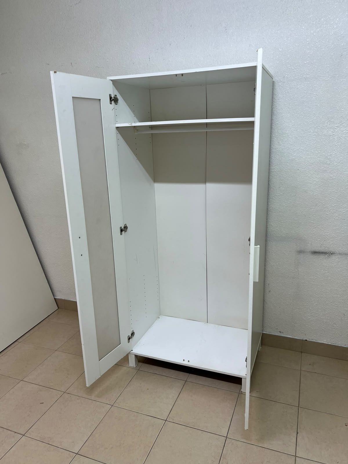 This product is a white wardrobe featuring two doors with striped glass panels (similar to the IKEA "Aneboda" style or comparable two-door wardrobes). - Image 12