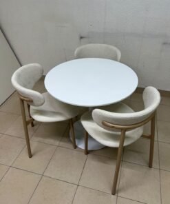 A white round dining table set featuring upholstered chairs with curved backrests and wooden legs; its design resembles the IKEA DOCKSTA / KRYLBO set. - Image 3