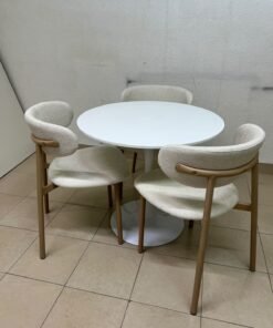 A white round dining table set featuring upholstered chairs with curved backrests and wooden legs; its design resembles the IKEA DOCKSTA / KRYLBO set. - Image 5