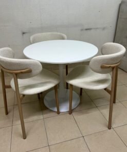 A white round dining table set featuring upholstered chairs with curved backrests and wooden legs; its design resembles the IKEA DOCKSTA / KRYLBO set. - Image 6