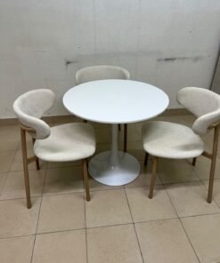 A white round dining table set featuring upholstered chairs with curved backrests and wooden legs; its design resembles the IKEA DOCKSTA / KRYLBO set. - Image 7