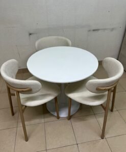 A white round dining table set featuring upholstered chairs with curved backrests and wooden legs; its design resembles the IKEA DOCKSTA / KRYLBO set. - Image 10