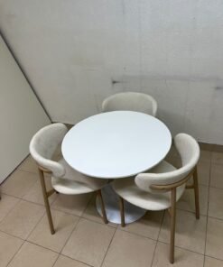 A white round dining table set featuring upholstered chairs with curved backrests and wooden legs; its design resembles the IKEA DOCKSTA / KRYLBO set. - Image 11
