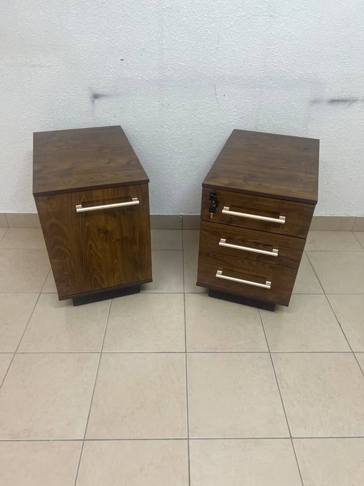 Wooden side/office drawer unit (storage cabinet) in Dark Walnut finish, featuring metal handles and a lock on the top drawer. - Image 8