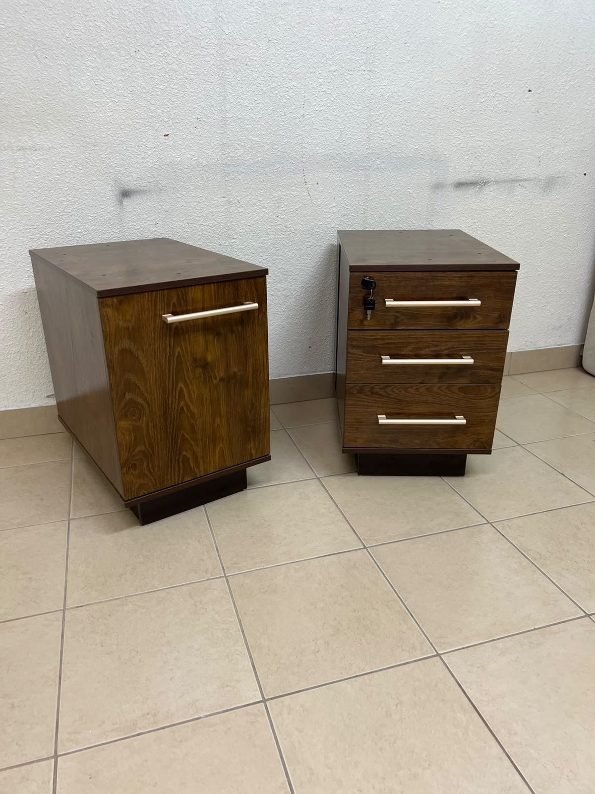 Wooden side/office drawer unit (storage cabinet) in Dark Walnut finish, featuring metal handles and a lock on the top drawer. - Image 9
