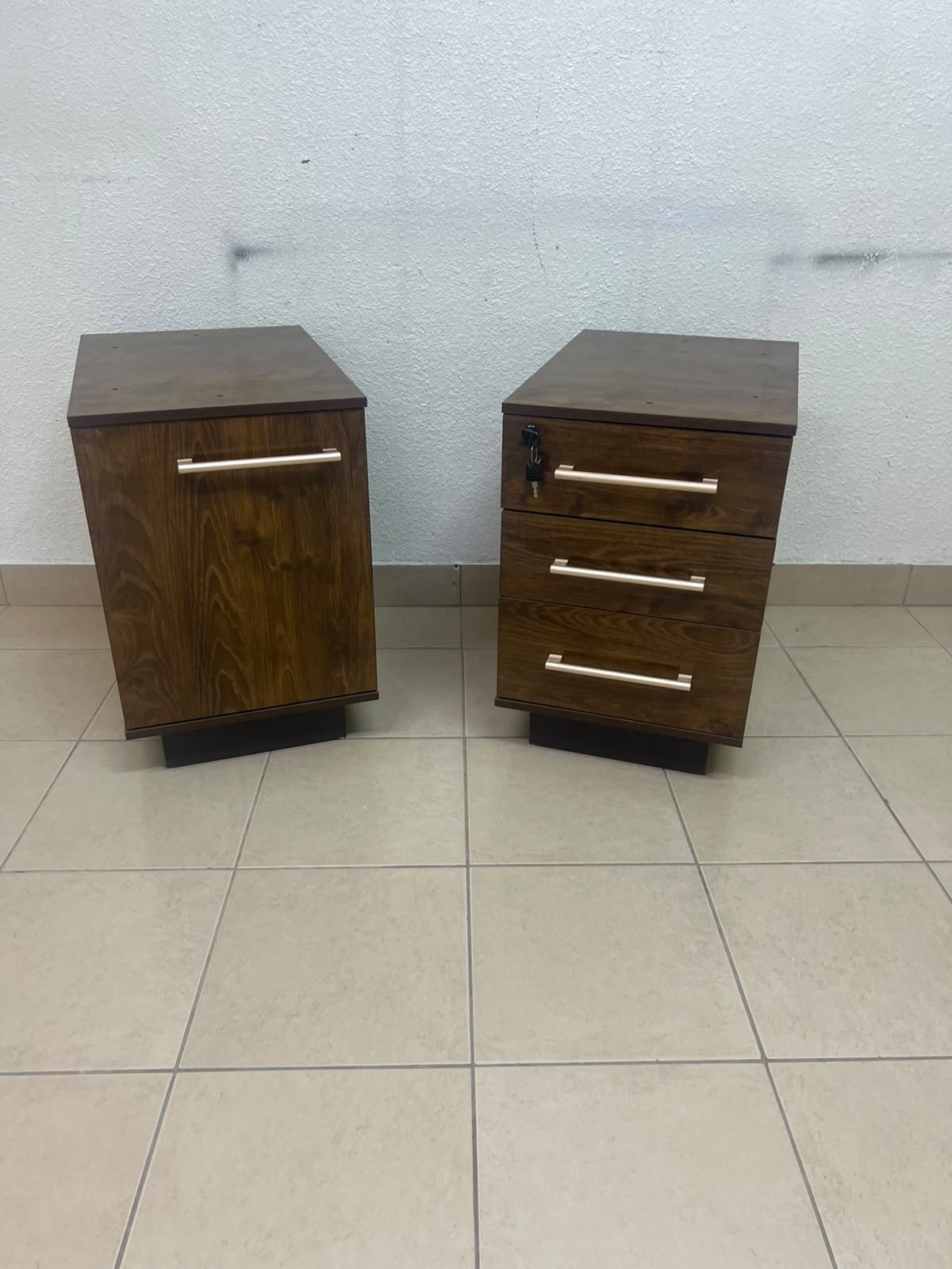 Wooden side/office drawer unit (storage cabinet) in Dark Walnut finish, featuring metal handles and a lock on the top drawer. - Image 2