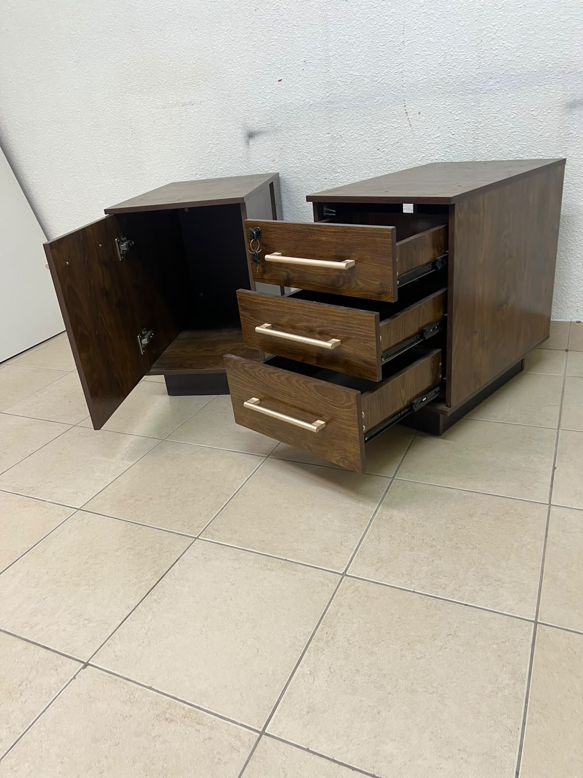 Wooden side/office drawer unit (storage cabinet) in Dark Walnut finish, featuring metal handles and a lock on the top drawer. - Image 4
