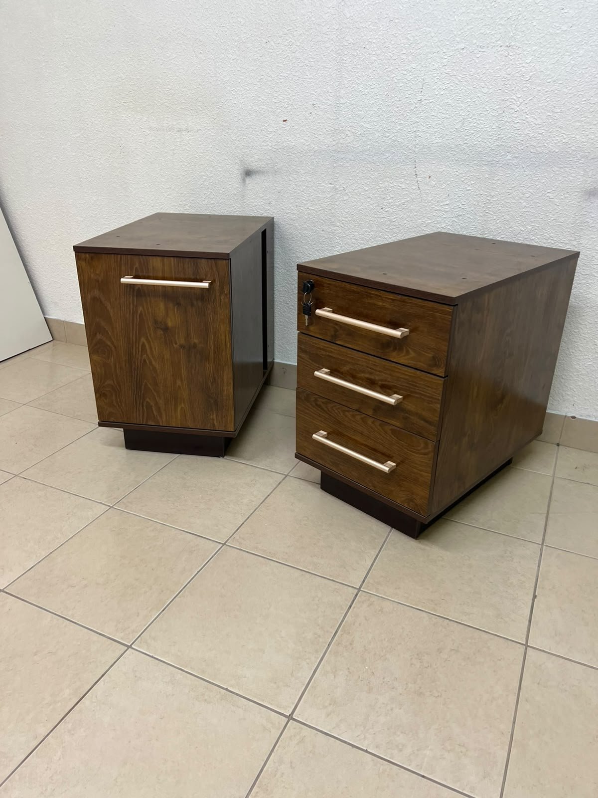 Wooden side/office drawer unit (storage cabinet) in Dark Walnut finish, featuring metal handles and a lock on the top drawer. - Image 5
