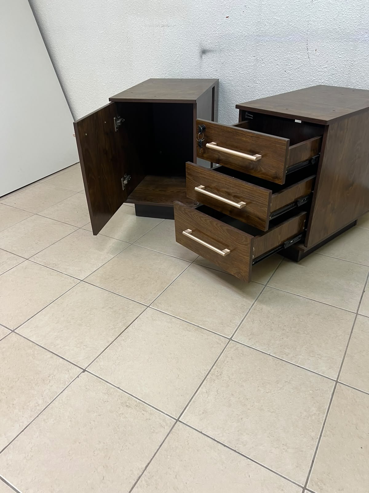 Wooden side/office drawer unit (storage cabinet) in Dark Walnut finish, featuring metal handles and a lock on the top drawer. - Image 6