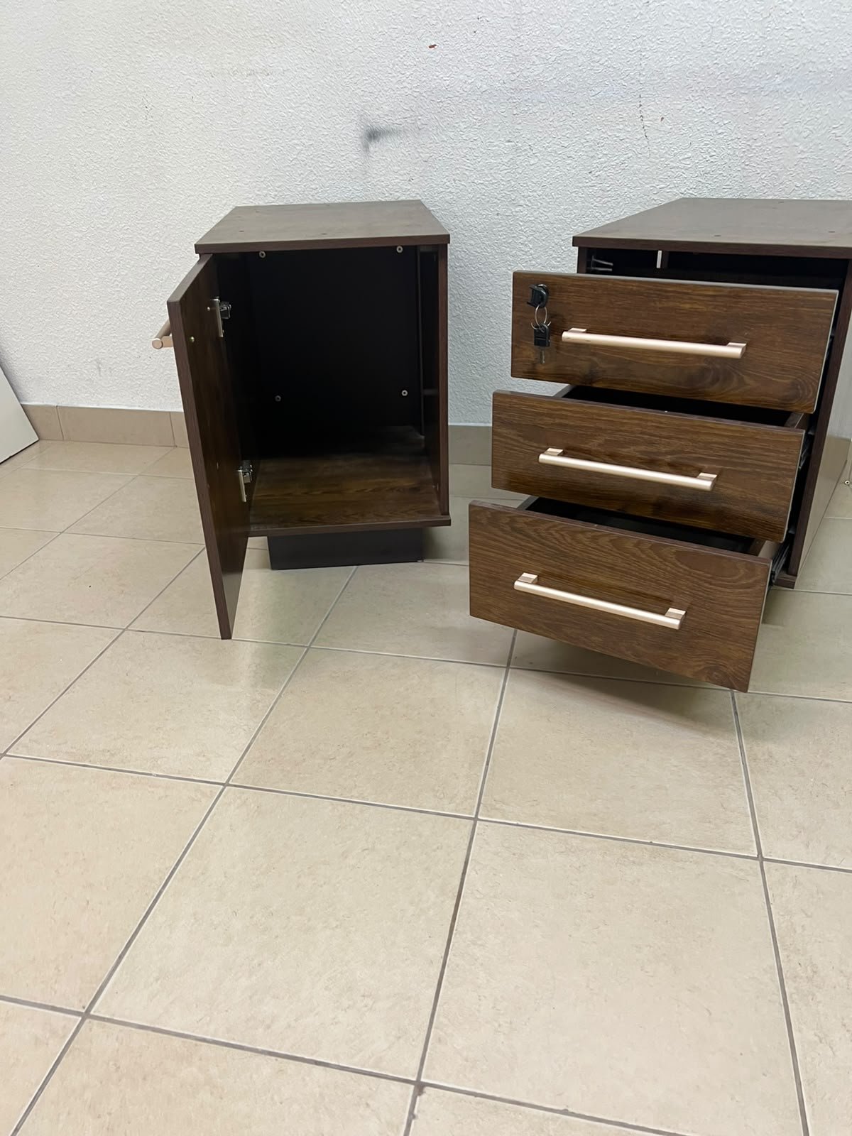 Wooden side/office drawer unit (storage cabinet) in Dark Walnut finish, featuring metal handles and a lock on the top drawer. - Image 7