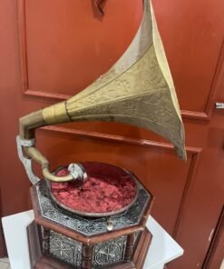 A vintage-style gramophone featuring an octagonal wooden base adorned with hand-engraved metalwork and a large, ornate brass horn, bearing the famous "His Master's Voice" logo. - Image 9