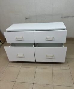 A modern, low-profile white chest of drawers (dresser) featuring a soft white finish, four spacious drawers (or double-fronted drawers), and gold or copper-toned pulls, all set on raised white legs. The design resembles contemporary storage units like the IKEA BESTÅ system or similar four-drawer cabinets. - Image 6