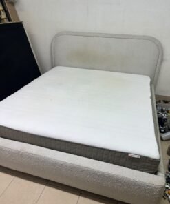Modern upholstered double bed (featuring curved lines on the headboard and frame, covered in a textured fabric—such as bouclé, borg, or a woven textile—in a light beige or off-white shade), with a white top mattress resting on the bed base. 180x200 cm. - Image 5