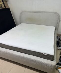 Modern upholstered double bed (featuring curved lines on the headboard and frame, covered in a textured fabric—such as bouclé, borg, or a woven textile—in a light beige or off-white shade), with a white top mattress resting on the bed base. 180x200 cm. - Image 9