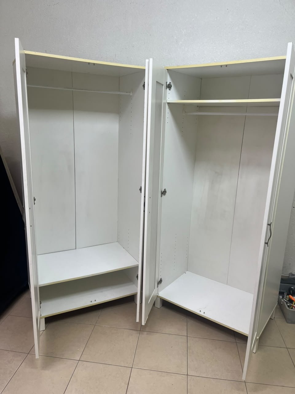 Two IKEA Aneboda wardrobes (or similar white, two-door models with ribbed-glass doors). - Image 9