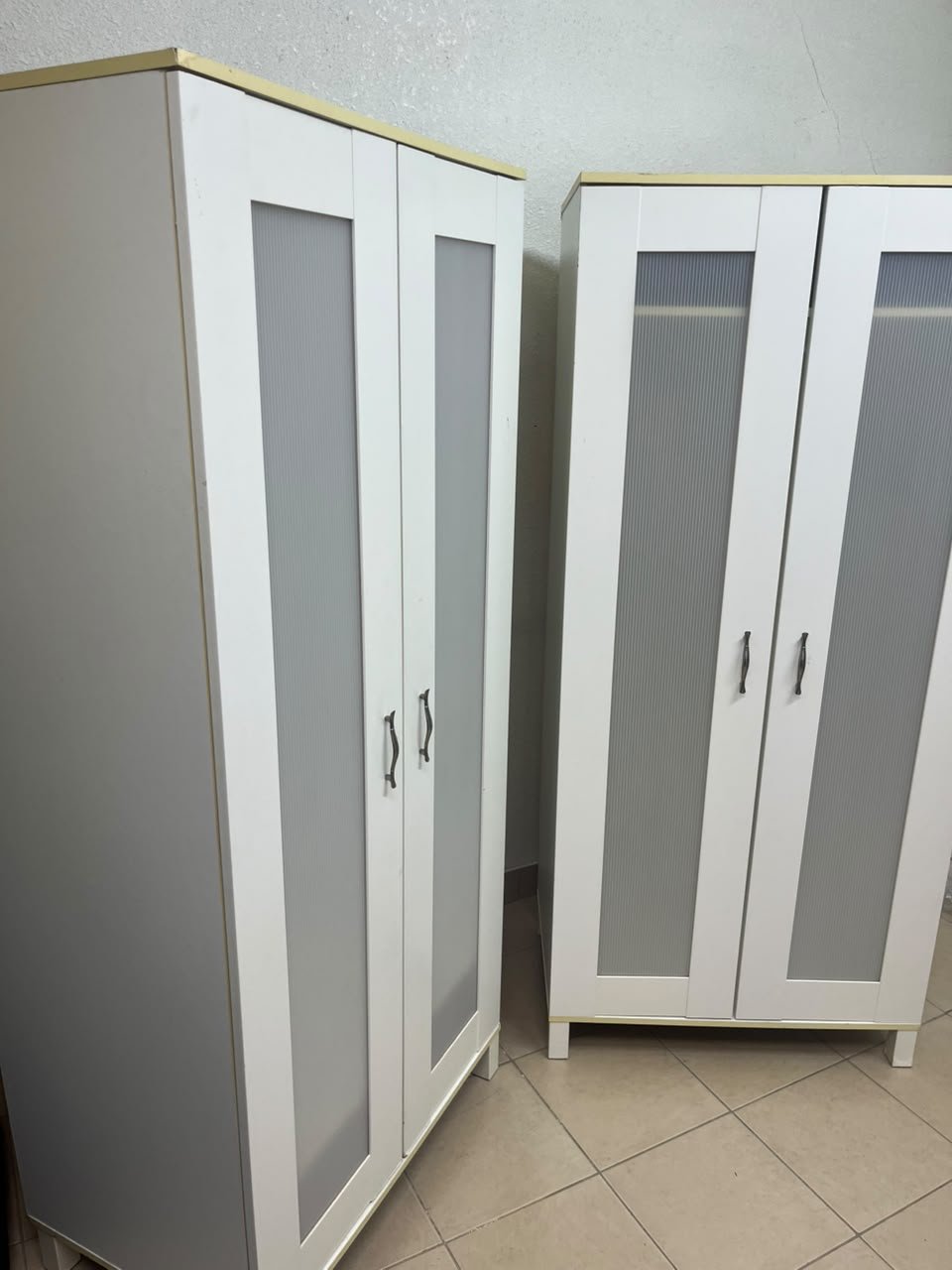 Two IKEA Aneboda wardrobes (or similar white, two-door models with ribbed-glass doors). - Image 2