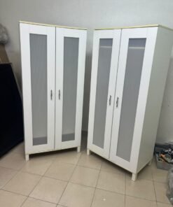 Two IKEA Aneboda wardrobes (or similar white, two-door models with ribbed-glass doors). - Image 4