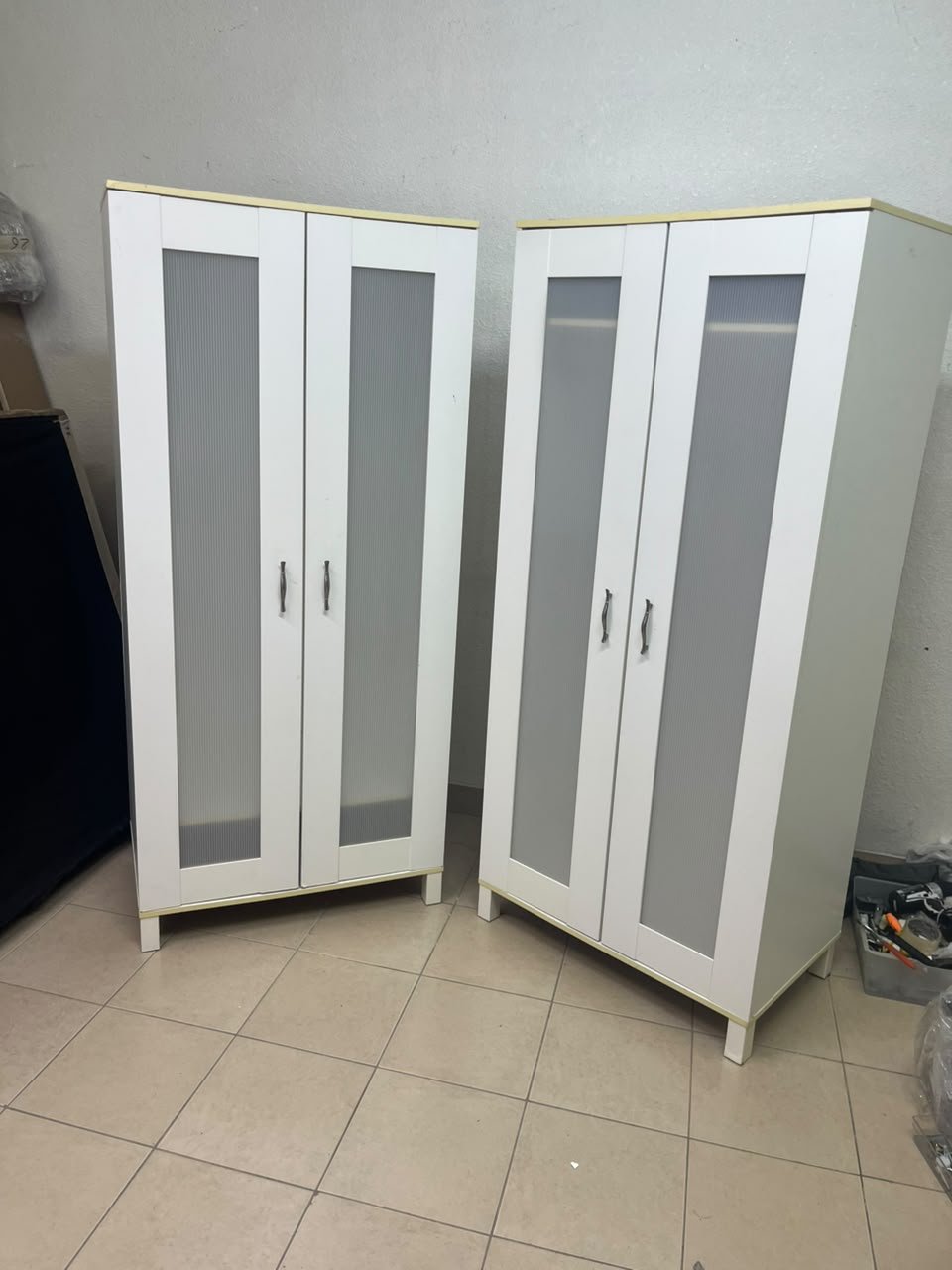 Two IKEA Aneboda wardrobes (or similar white, two-door models with ribbed-glass doors). - Image 4