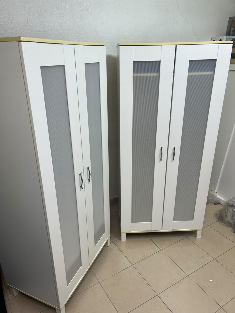 Two IKEA Aneboda wardrobes (or similar white, two-door models with ribbed-glass doors). - Image 5