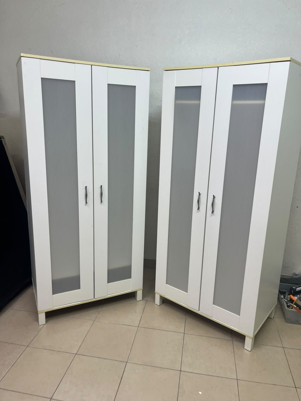 Two IKEA Aneboda wardrobes (or similar white, two-door models with ribbed-glass doors). - Image 6