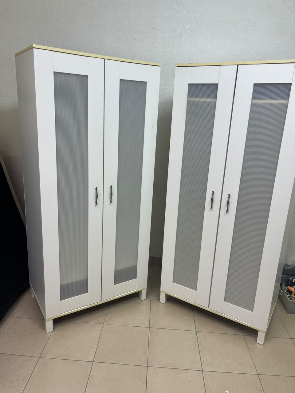 Two IKEA Aneboda wardrobes (or similar white, two-door models with ribbed-glass doors). - Image 11