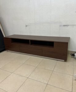 A modern wooden TV stand (media unit) in a dark brown (walnut) finish, featuring open shelves, three lower storage drawers, and a silver base. - Image 2