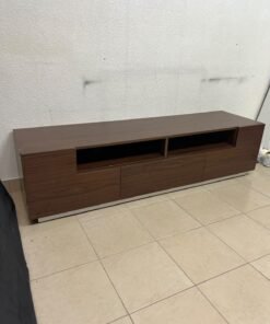 A modern wooden TV stand (media unit) in a dark brown (walnut) finish, featuring open shelves, three lower storage drawers, and a silver base. - Image 6
