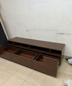 A modern wooden TV stand (media unit) in a dark brown (walnut) finish, featuring open shelves, three lower storage drawers, and a silver base. - Image 7