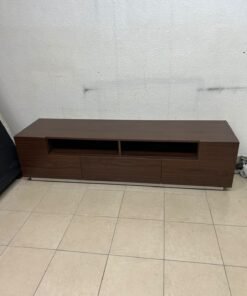 A modern wooden TV stand (media unit) in a dark brown (walnut) finish, featuring open shelves, three lower storage drawers, and a silver base. - Image 8