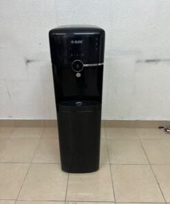 A black, freestanding water cooler from Sure—specifically a bottom-loading model (such as the SBL70 or SBL1970BP)—that allows the water bottle to be easily placed inside the bottom compartment. - Image 4