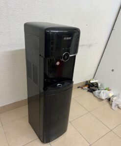 A black, freestanding water cooler from Sure—specifically a bottom-loading model (such as the SBL70 or SBL1970BP)—that allows the water bottle to be easily placed inside the bottom compartment. - Image 5