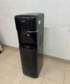 A black, freestanding water cooler from Sure—specifically a bottom-loading model (such as the SBL70 or SBL1970BP)—that allows the water bottle to be easily placed inside the bottom compartment.