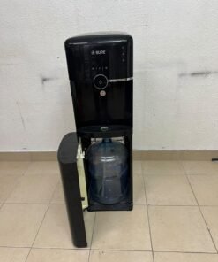 A black, freestanding water cooler from Sure—specifically a bottom-loading model (such as the SBL70 or SBL1970BP)—that allows the water bottle to be easily placed inside the bottom compartment. - Image 2