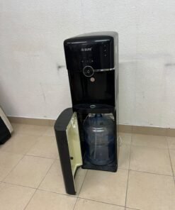 A black, freestanding water cooler from Sure—specifically a bottom-loading model (such as the SBL70 or SBL1970BP)—that allows the water bottle to be easily placed inside the bottom compartment. - Image 9