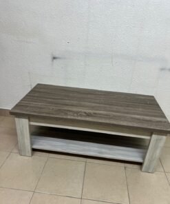 A rectangular coffee table made of engineered wood featuring a two-tone design; the tabletop comes in a greyish-brown wood finish, while the frame, legs, and lower shelf are white or light grey. It resembles the "Angelic" coffee table from Home Box. - Image 4