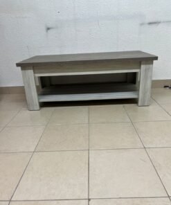 A rectangular coffee table made of engineered wood featuring a two-tone design; the tabletop comes in a greyish-brown wood finish, while the frame, legs, and lower shelf are white or light grey. It resembles the "Angelic" coffee table from Home Box. - Image 7