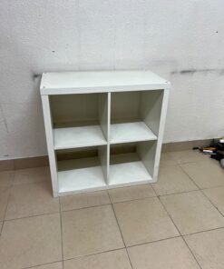 The product shown in the image is a square storage shelving unit from IKEA's KALLAX series (white, measuring 77x77 cm).