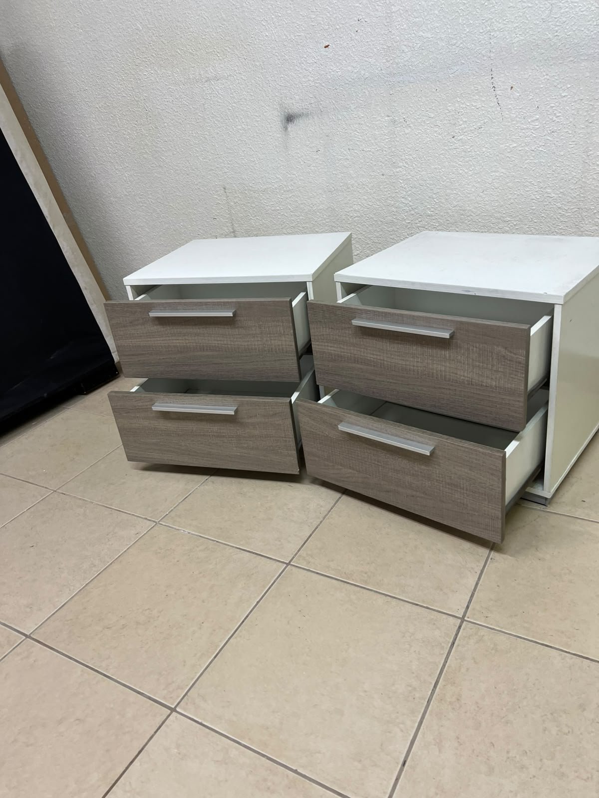 Two modern, two-tone (white and walnut/gray) bedside tables featuring two drawers and silver handles, similar to the "Marissa" or "Thomas" 2-drawer nightstands (white/walnut) available on the local market. - Image 2