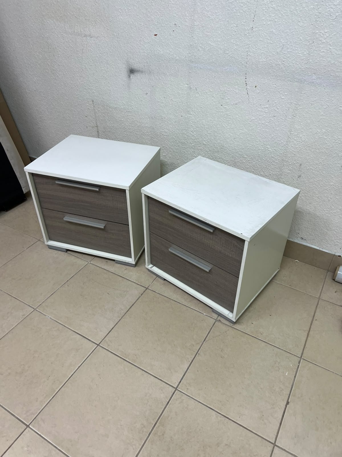 Two modern, two-tone (white and walnut/gray) bedside tables featuring two drawers and silver handles, similar to the "Marissa" or "Thomas" 2-drawer nightstands (white/walnut) available on the local market. - Image 3
