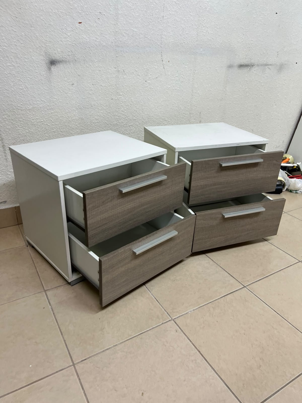 Two modern, two-tone (white and walnut/gray) bedside tables featuring two drawers and silver handles, similar to the "Marissa" or "Thomas" 2-drawer nightstands (white/walnut) available on the local market. - Image 4