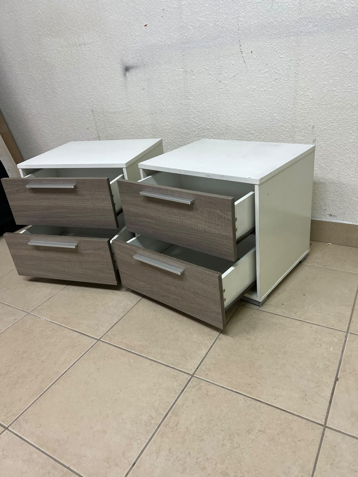 Two modern, two-tone (white and walnut/gray) bedside tables featuring two drawers and silver handles, similar to the "Marissa" or "Thomas" 2-drawer nightstands (white/walnut) available on the local market. - Image 5