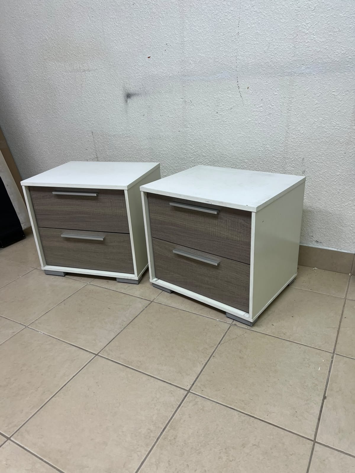 Two modern, two-tone (white and walnut/gray) bedside tables featuring two drawers and silver handles, similar to the "Marissa" or "Thomas" 2-drawer nightstands (white/walnut) available on the local market. - Image 9