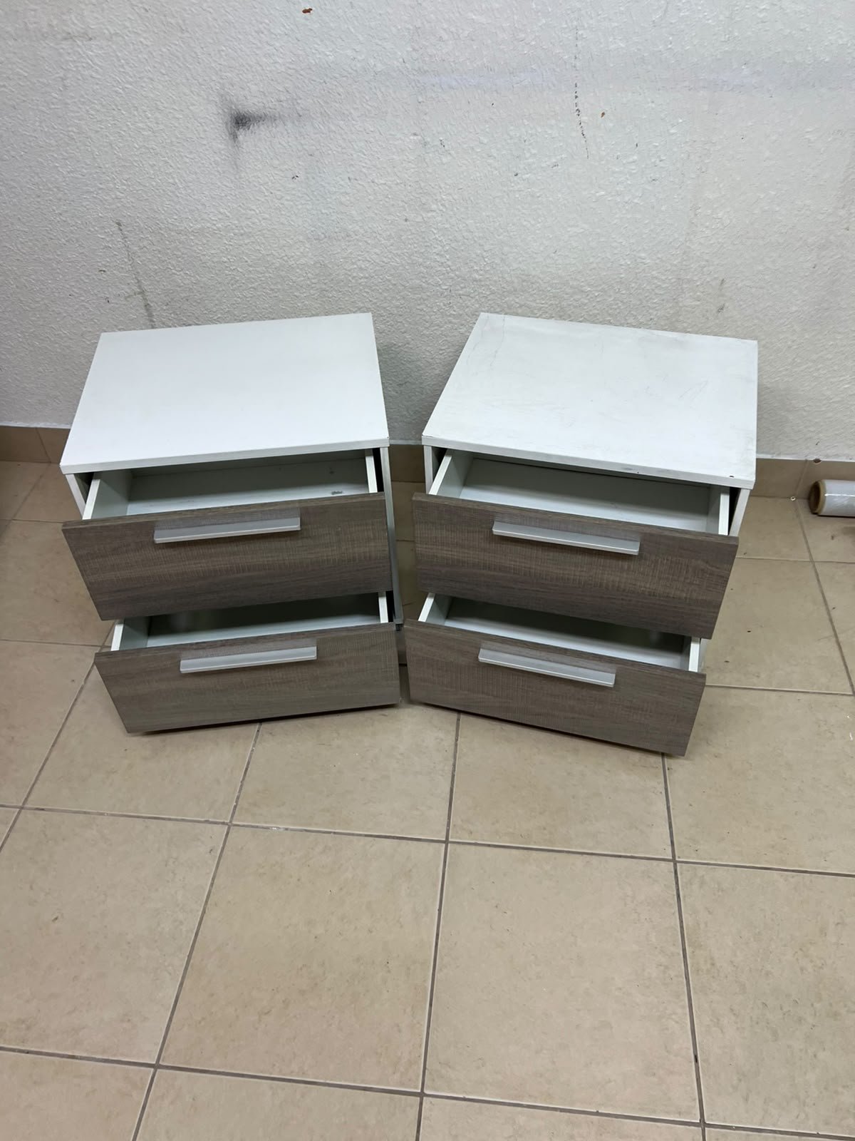 Two modern, two-tone (white and walnut/gray) bedside tables featuring two drawers and silver handles, similar to the "Marissa" or "Thomas" 2-drawer nightstands (white/walnut) available on the local market. - Image 8