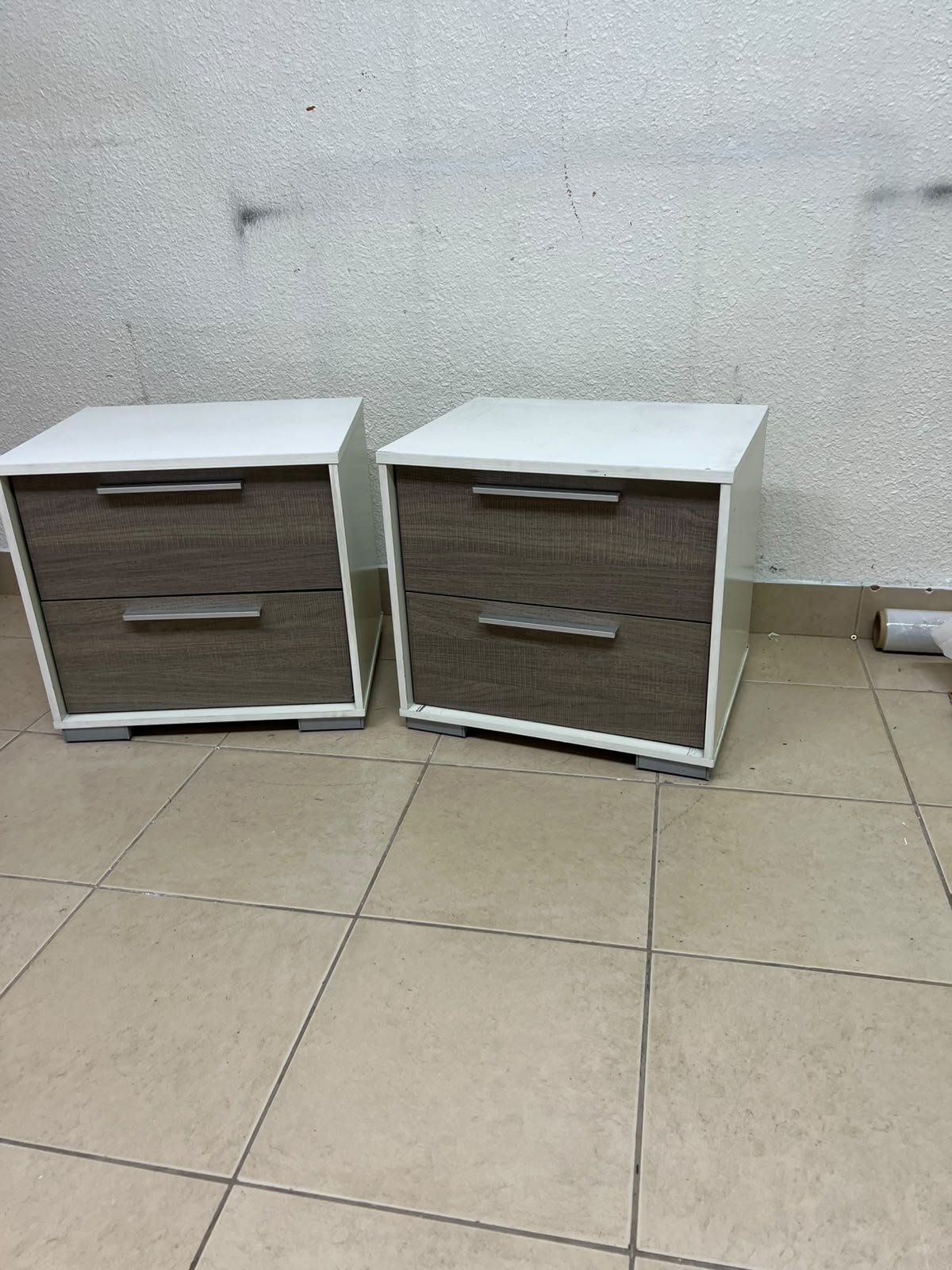 Two modern, two-tone (white and walnut/gray) bedside tables featuring two drawers and silver handles, similar to the "Marissa" or "Thomas" 2-drawer nightstands (white/walnut) available on the local market. - Image 6