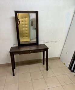 A dark brown (espresso) wooden vanity table with a minimalist design, featuring a rectangular surface, a small central drawer, and an upright vertical mirror set within a tall wooden frame. - Image 6