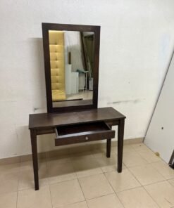 A dark brown (espresso) wooden vanity table with a minimalist design, featuring a rectangular surface, a small central drawer, and an upright vertical mirror set within a tall wooden frame. - Image 7