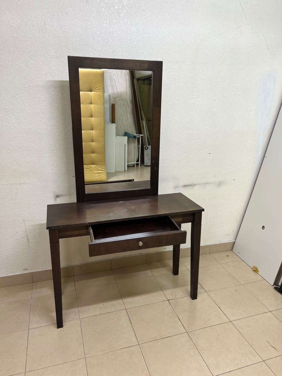 A dark brown (espresso) wooden vanity table with a minimalist design, featuring a rectangular surface, a small central drawer, and an upright vertical mirror set within a tall wooden frame. - Image 7